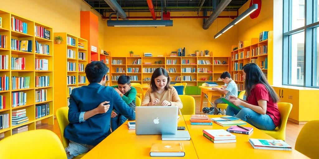 Students collaborating in a modern, vibrant study environment.