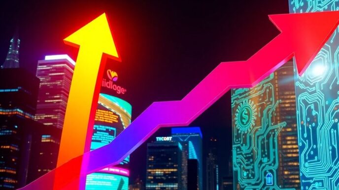 Illustration of city skyline with glowing technology elements.