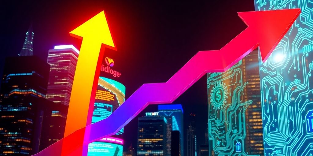 Illustration of city skyline with glowing technology elements.