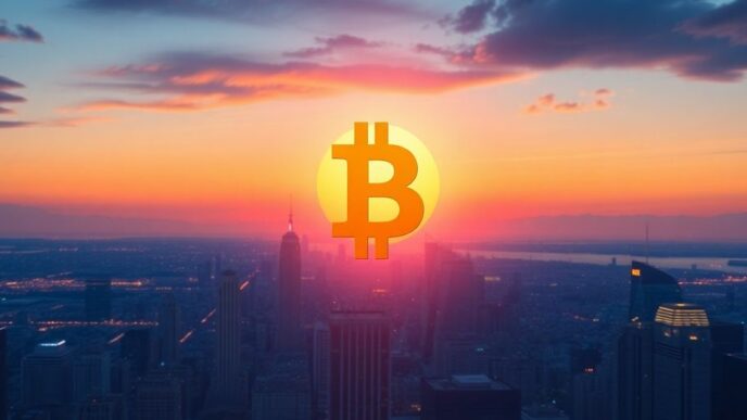 Golden Bitcoin soaring above a city skyline at sunset.