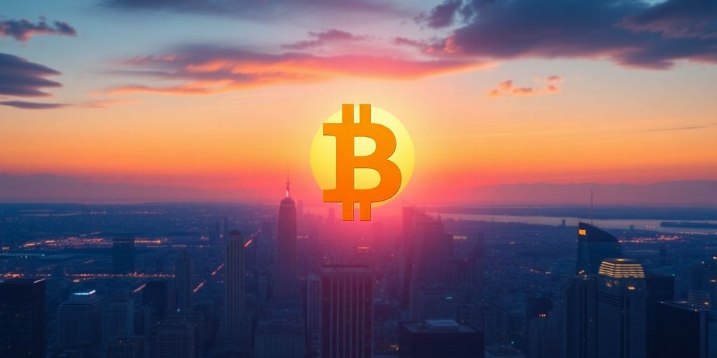 Golden Bitcoin soaring above a city skyline at sunset.