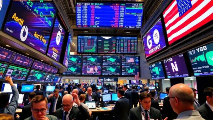Traders celebrating on a busy stock exchange floor.