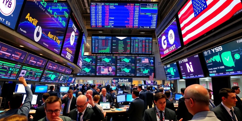 Traders celebrating on a busy stock exchange floor.
