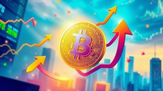 Glowing Bitcoin coin with energetic trade elements around.