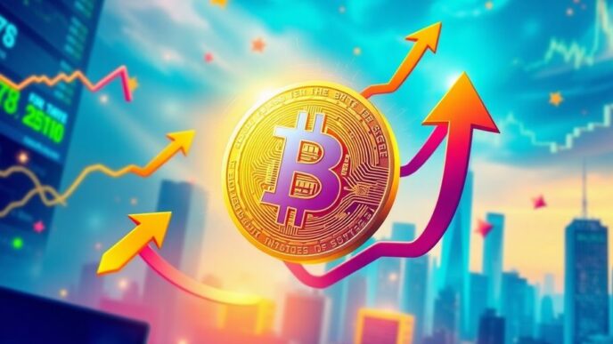Glowing Bitcoin coin with energetic trade elements around.