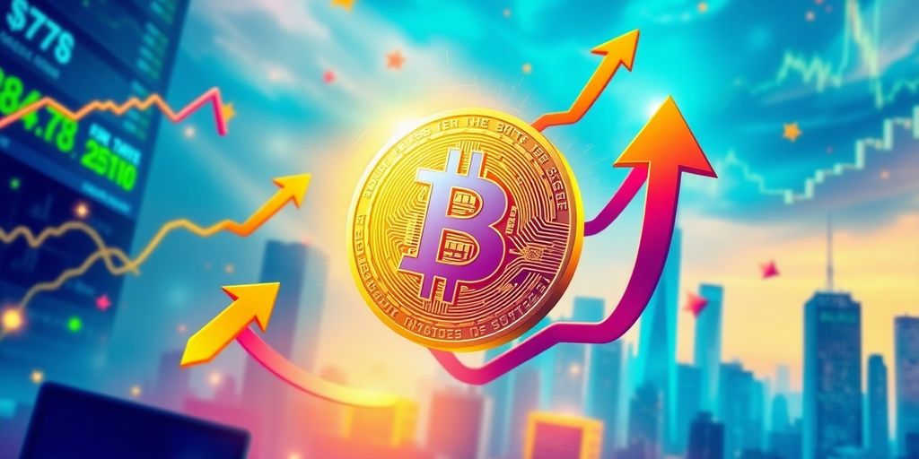 Glowing Bitcoin coin with energetic trade elements around.