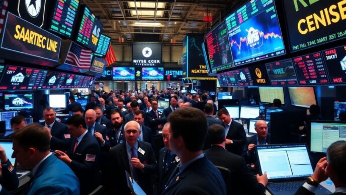 Traders reacting to stock market fluctuations and tensions.