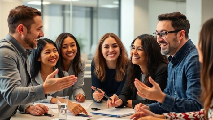 Diverse professionals collaborating in a marketing meeting.