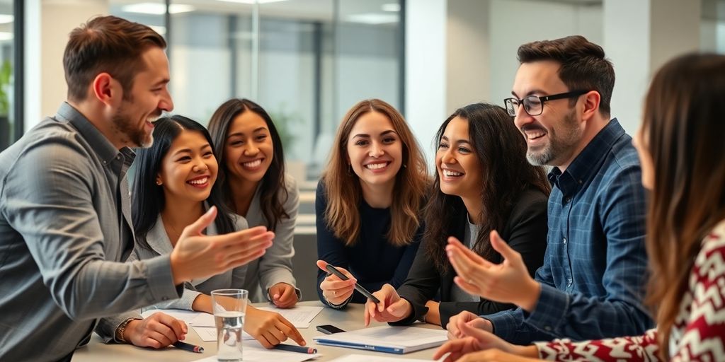 Diverse professionals collaborating in a marketing meeting.
