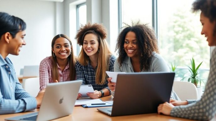 Diverse team collaborating in a bright modern office.