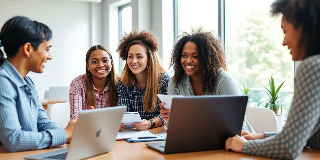 Diverse team collaborating in a bright modern office.
