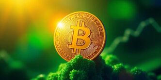 Golden Bitcoin coin with vibrant colors in background.