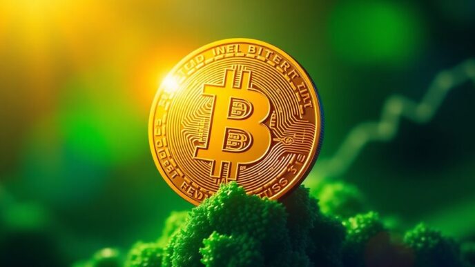 Golden Bitcoin coin with vibrant colors in background.