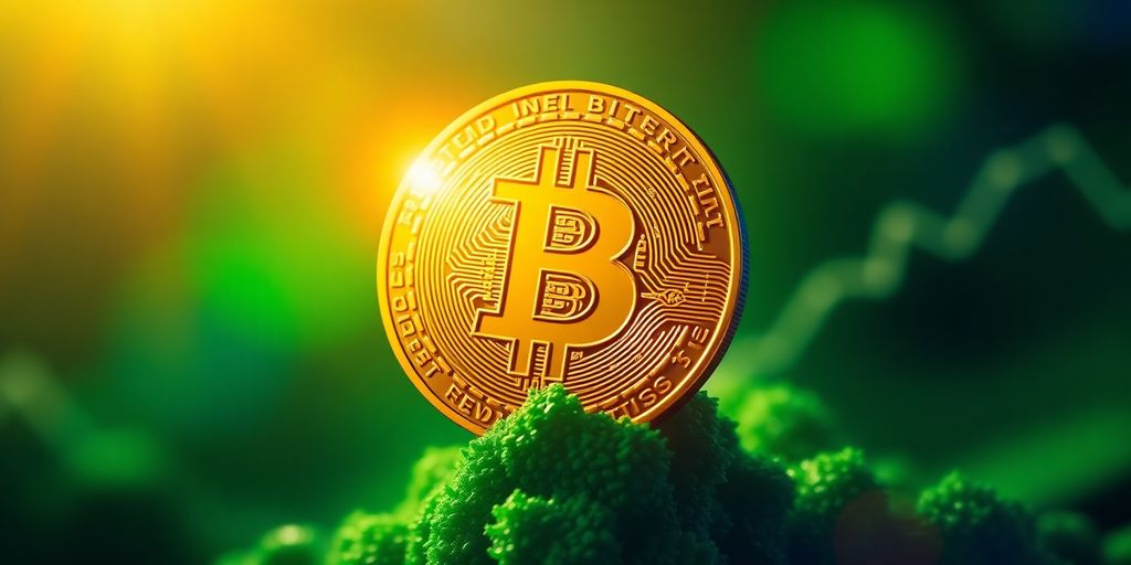 Golden Bitcoin coin with vibrant colors in background.
