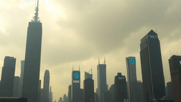 Futuristic city skyline with cloudy skies and tech logos.