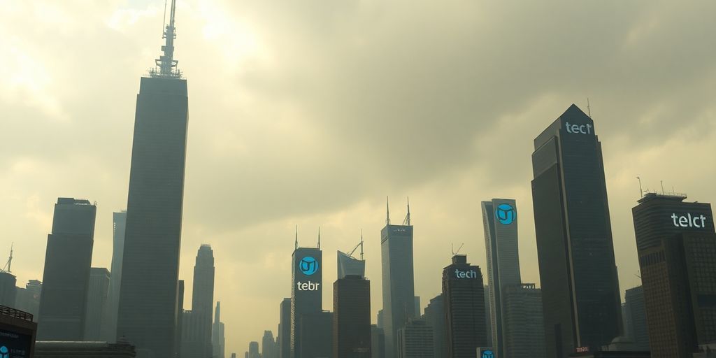 Futuristic city skyline with cloudy skies and tech logos.