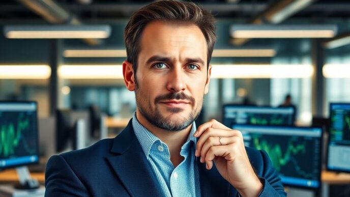 Hedge fund manager in a tech-savvy modern office.