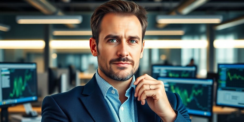 Hedge fund manager in a tech-savvy modern office.
