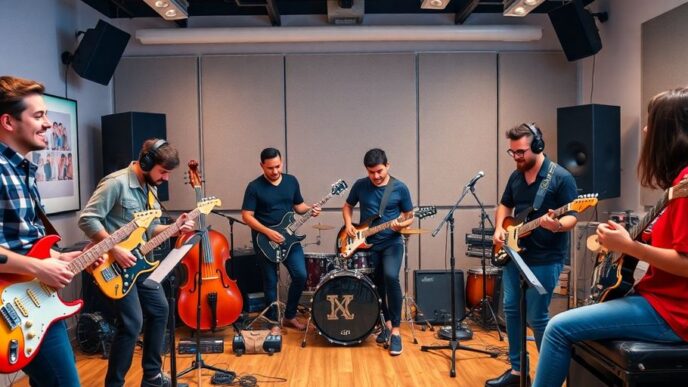 Musicians collaborating in a modern studio environment.