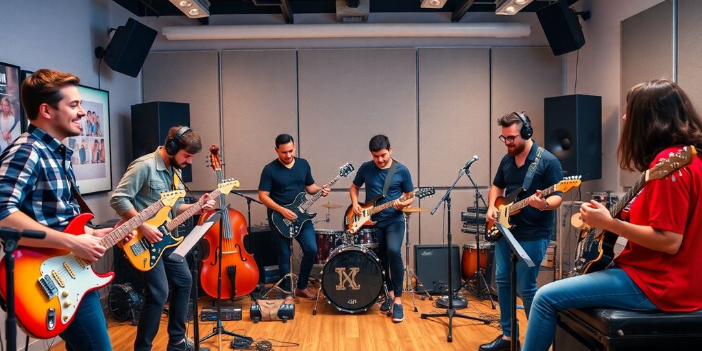 Musicians collaborating in a modern studio environment.