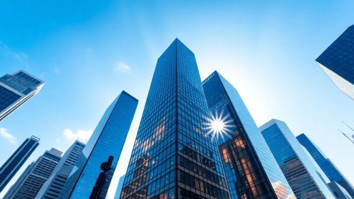 City skyline with skyscrapers under a bright blue sky.