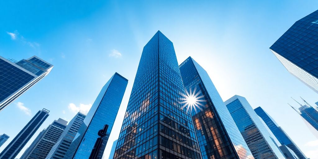 City skyline with skyscrapers under a bright blue sky.