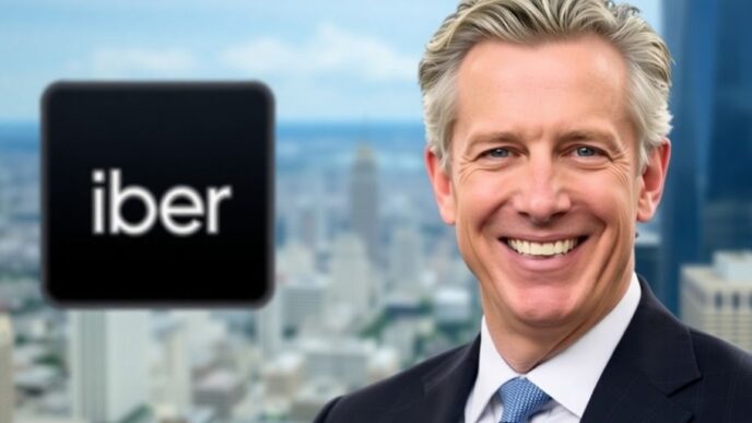 Bill Ackman with Uber logo and city skyline background.