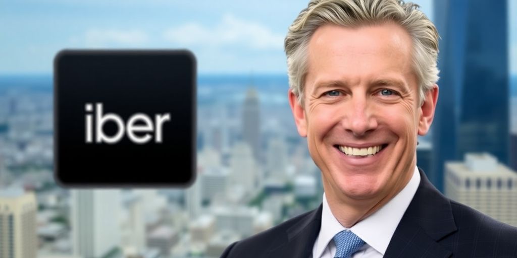 Bill Ackman with Uber logo and city skyline background.
