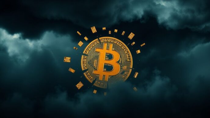 Fragmented Bitcoin symbol against dark stormy background.