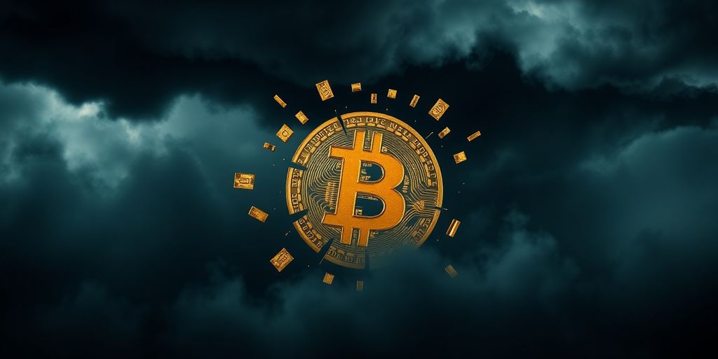 Fragmented Bitcoin symbol against dark stormy background.