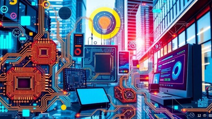 Collage of technology elements and urban cityscape.