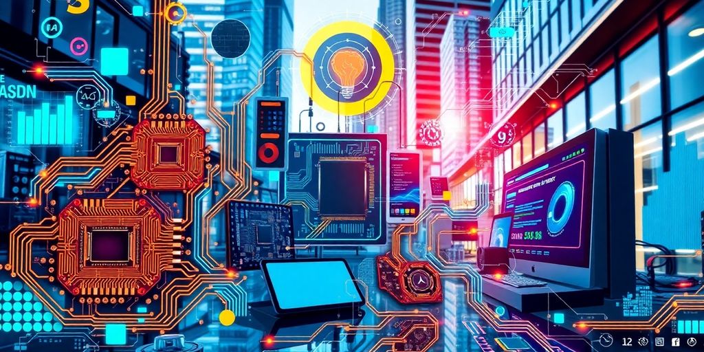 Collage of technology elements and urban cityscape.