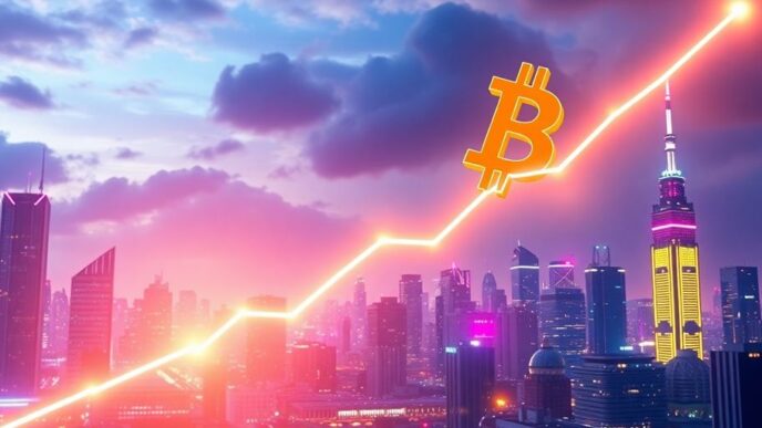 Bitcoin symbol soaring over a futuristic city skyline.