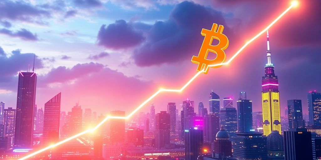Bitcoin symbol soaring over a futuristic city skyline.