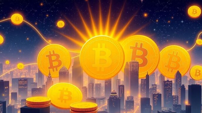Bitcoin coins glowing amidst a futuristic city skyline.