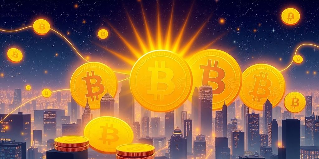 Bitcoin coins glowing amidst a futuristic city skyline.