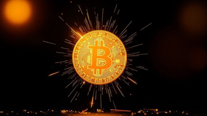 Golden Bitcoin coin shines against a dark background.