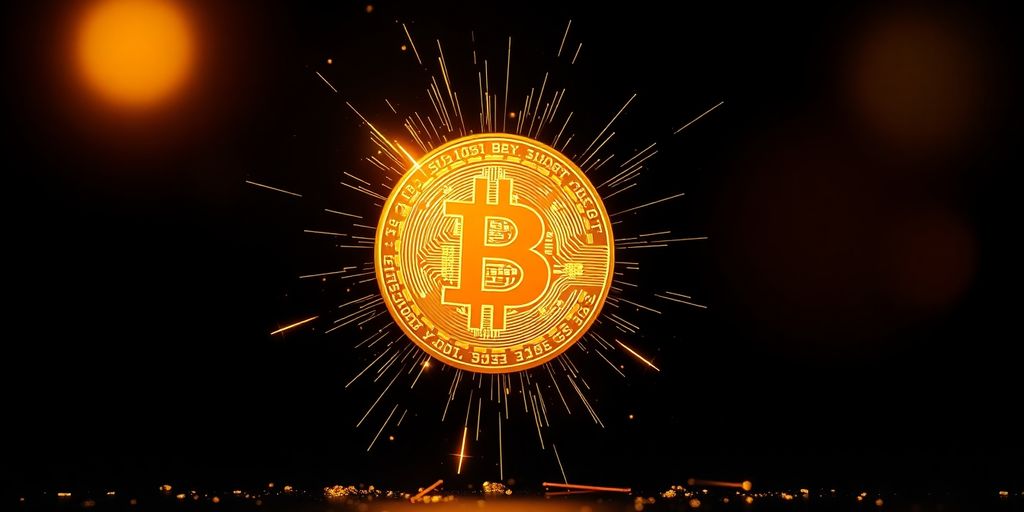 Golden Bitcoin coin shines against a dark background.