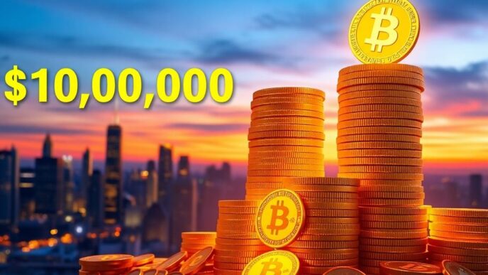 Glowing Bitcoin coins with a city skyline background.