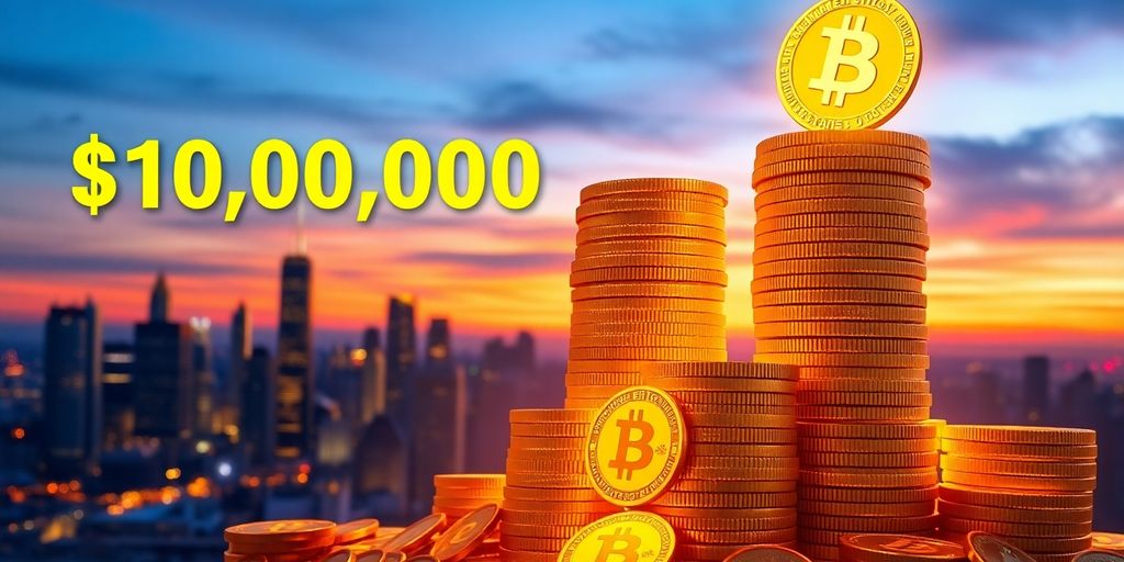 Glowing Bitcoin coins with a city skyline background.