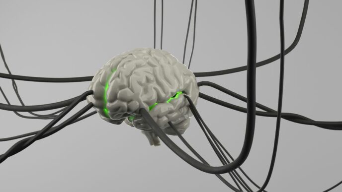 A computer generated image of a brain surrounded by wires