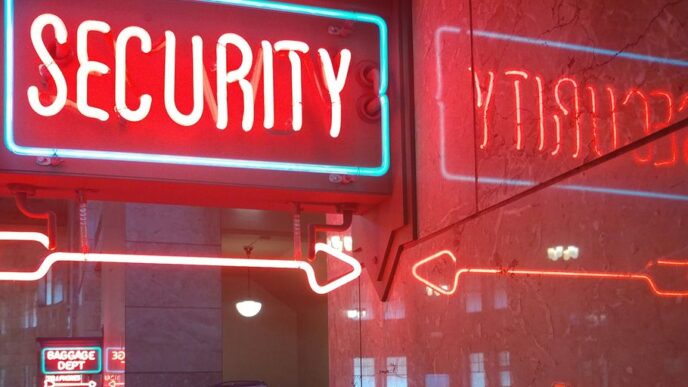 a red security sign and a blue security sign
