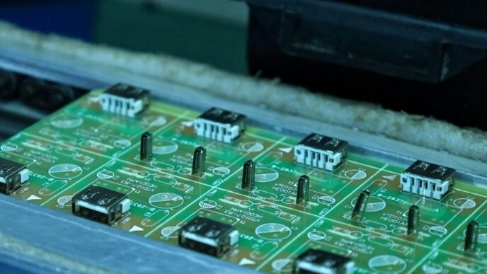 Electronic components are arranged on a circuit board.