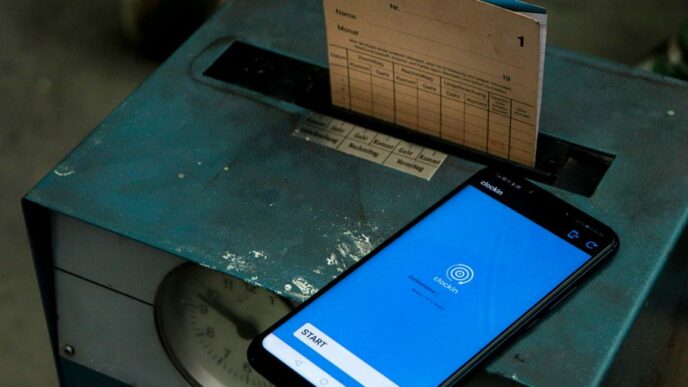 a cell phone sitting on top of a metal box