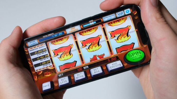 Someone is playing a mobile slot machine game.