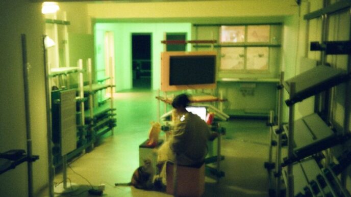 Someone works in a dimly lit, cluttered room.