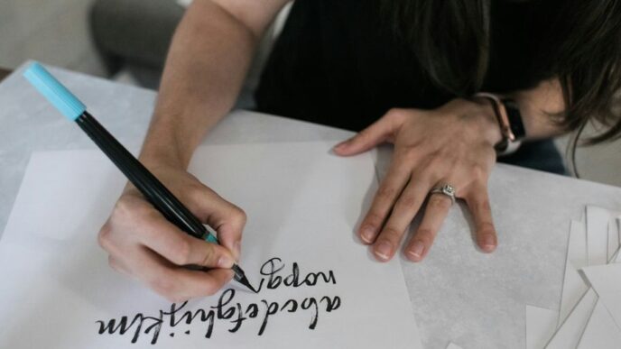 woman in black shirt writing on white paper