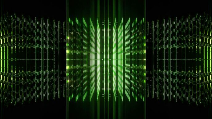 a series of three images with a green and black background