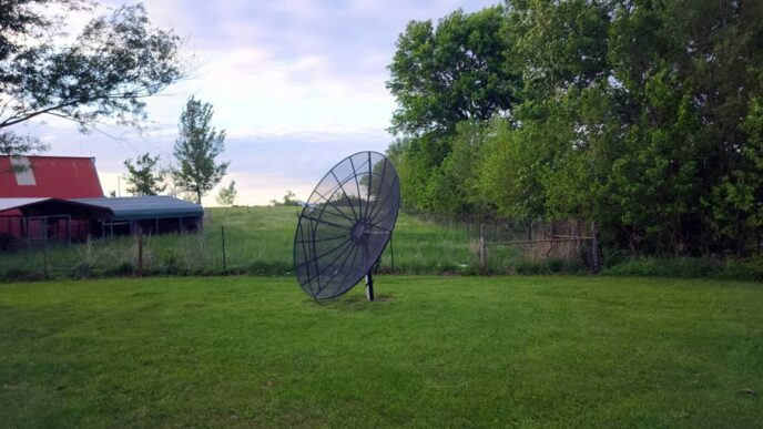 a large metal object sitting on top of a lush green field
