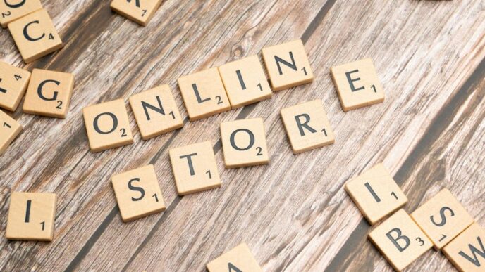 scrabble letters spelling online store on a wooden surface